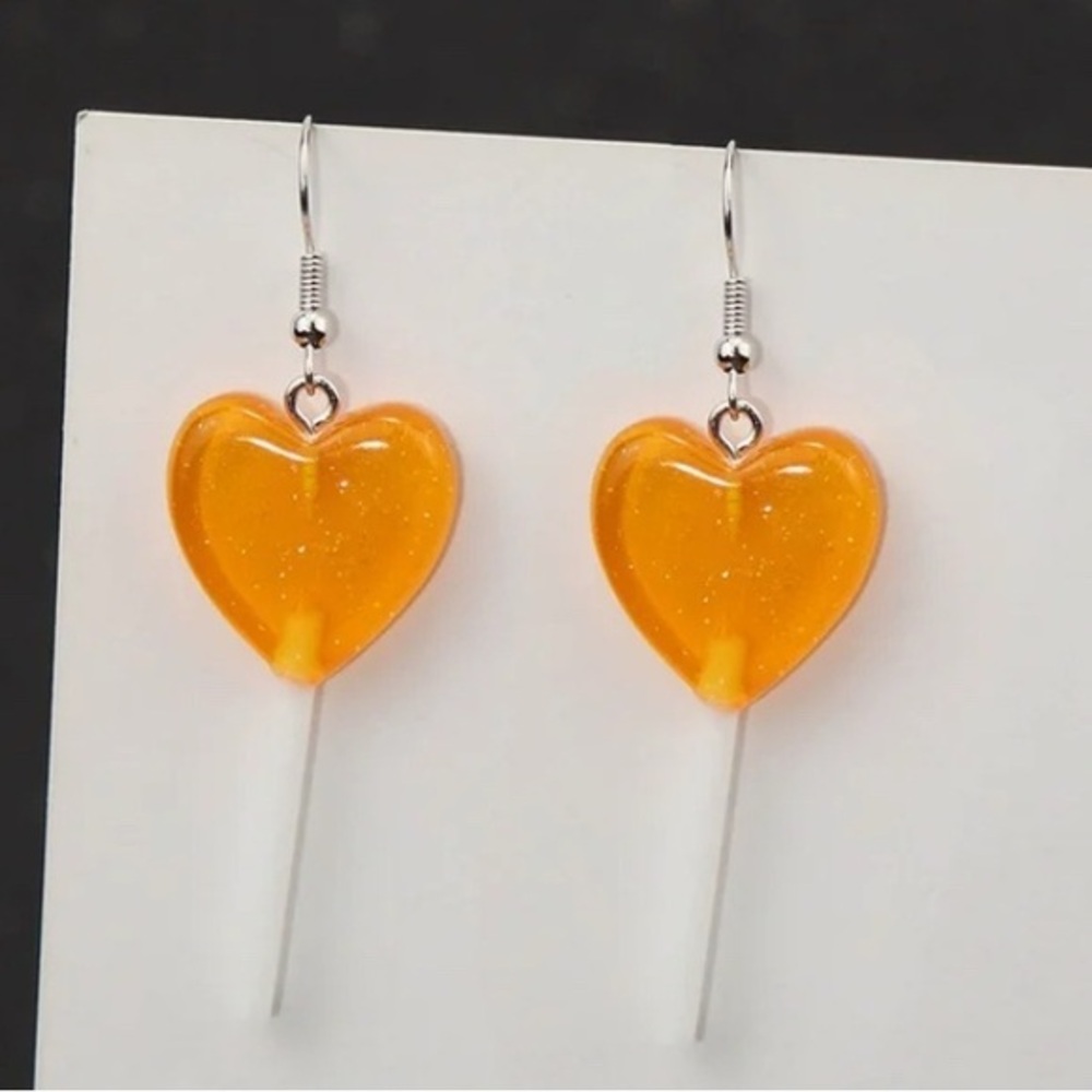 NWT - Heart Lollipop translucent with glitter dangle earrings set - orange